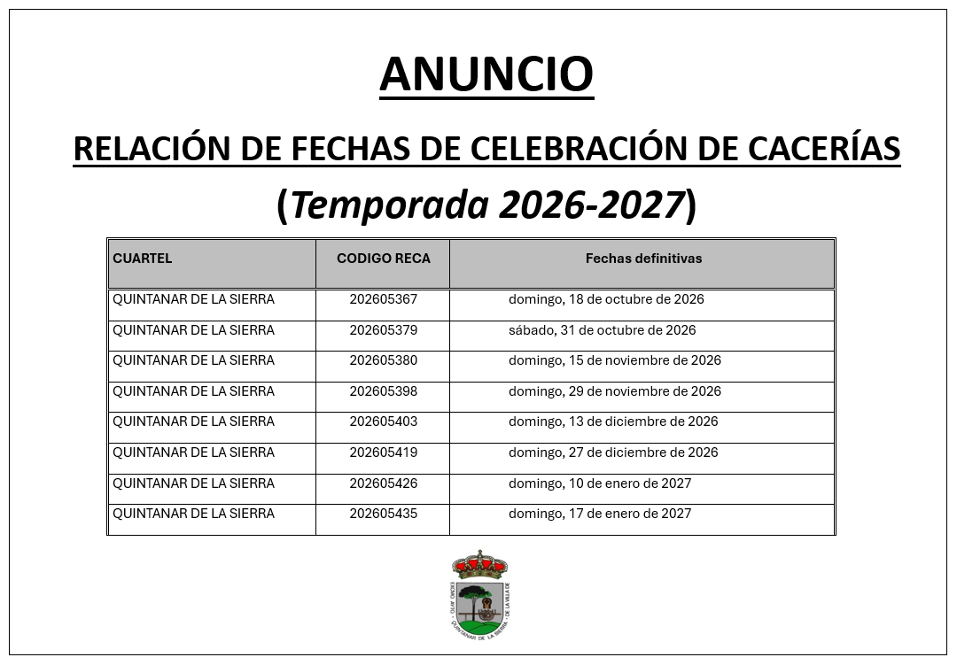 ANUNCIO-RELACION DE FECHAS DE CACERIAS 2026-2027