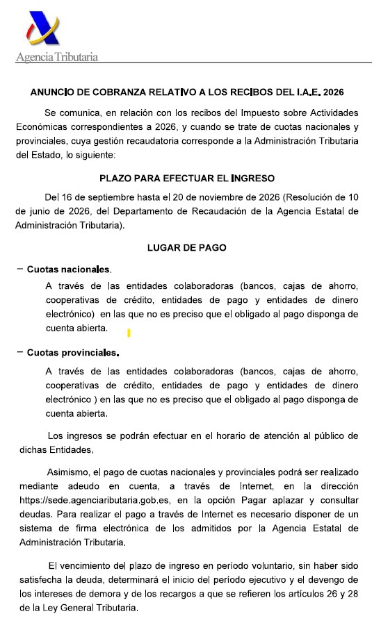 ANUNCIO COBRANZA RECIBOS DEL IMPUESTO SOBRE ACTIVIADES ECONOMICAS 2026