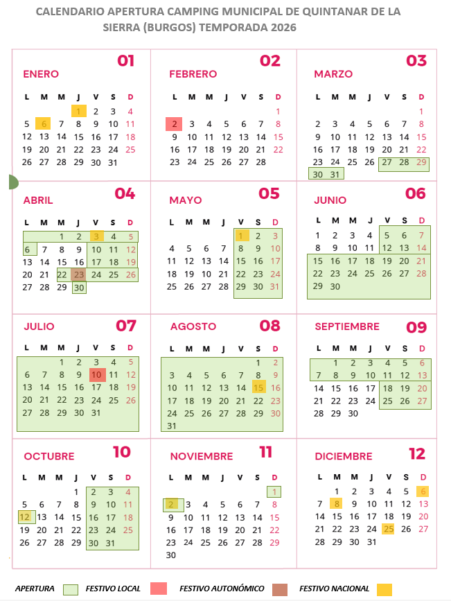 CALENDARIO APERTURA CAMPING QUINTANAR TEMPORADA 2026